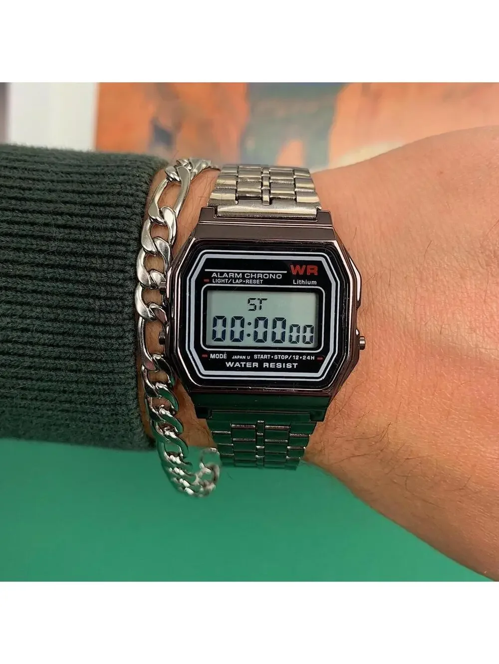 Y2k 2000s style cyber silver stainless steel digital watch